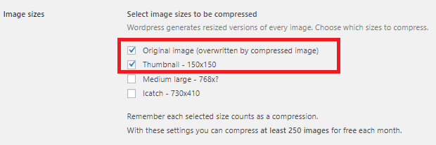 Compress JPEG & PNG images　Image sizesの設定